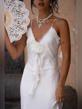 12th Tribe Prosecco White Rosette Frill Maxi Dress - Size S